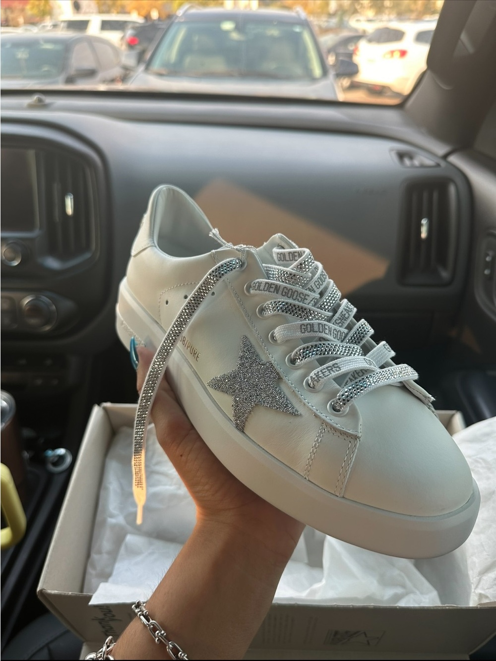 Golden Goose White Leather Sneakers with Silver Crystal Star Accent - Picture 6 of 14